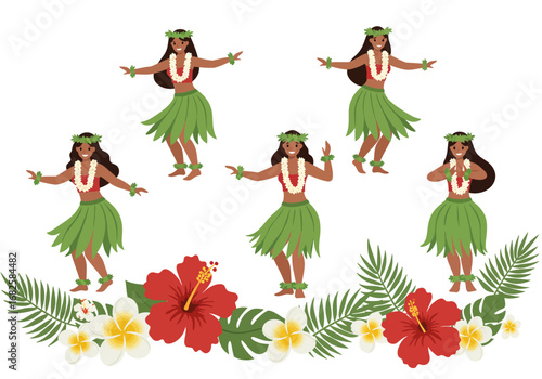 Five hula dancers in skirts and flower leis stand behind a row of tropical flowers