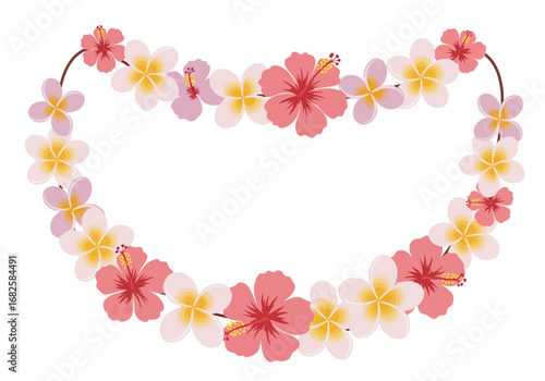 Floral lei with pink hibiscus  whitepink plumeria arranged in an open semicircle on a white background