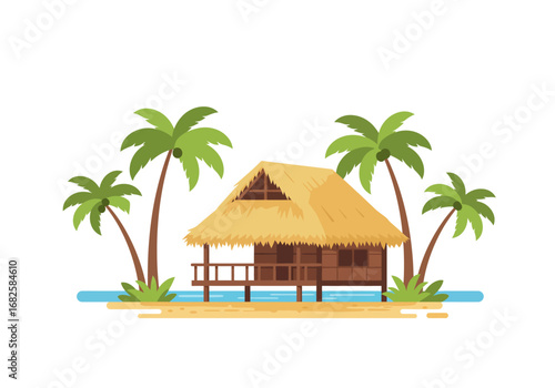 Hut on stilts thatched roof surrounded by palm trees flat style