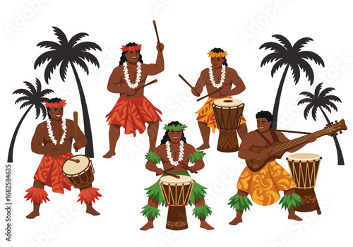 Hawaiian band of five men wearing skirts with drums guitars and trees