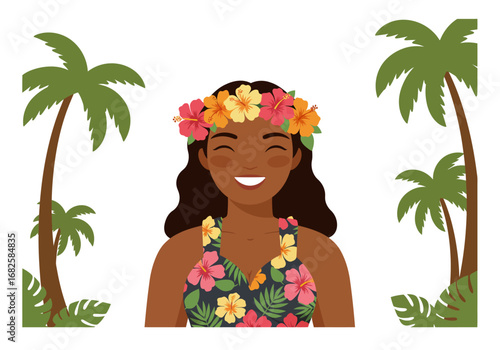 Smiling woman with floral lei and top framed by palm trees and tropical foliage