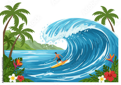Surfer rides a large wave near tropical plants  palm trees with island hills visible in the background