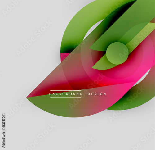 Abstract design features layered shapes, vibrant colors. Gradient transitions create dynamic visual effect. Modern aesthetic, clean composition.