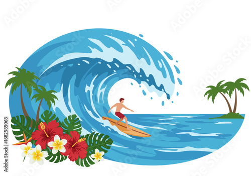 Surfer rides wave with palm trees island  colorful flowers