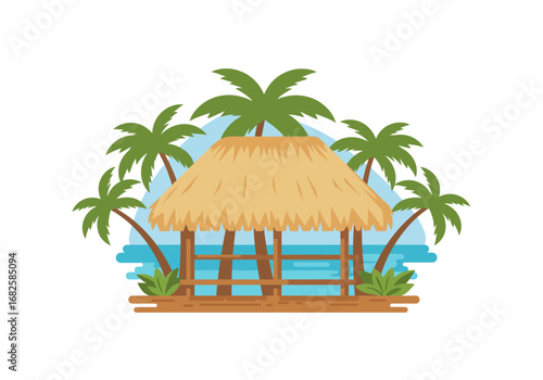 Thatchroof cabana on stilts surrounded by palm trees  stylized water under a light blue sky