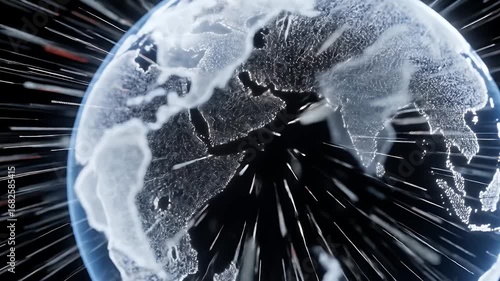 Digital World Breaking News Animated Globe Surrounded by Lines of Data Flowing in Space with a White and Blue Color Scheme