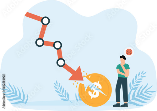 Cryptocurrency value decline and bitcoin price drop. Male investor and falling red arrow. Crypto currency market and investment crisis.

