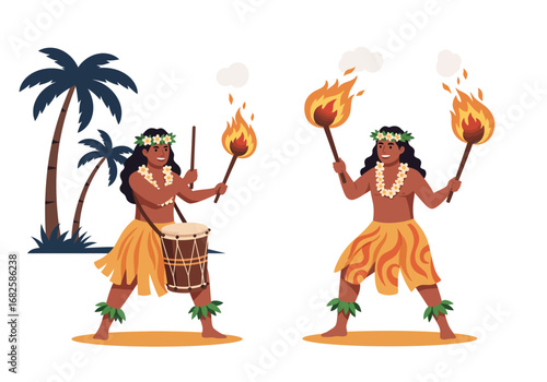 Two islanders wearing garlands hold torches one plays a drum near palm trees