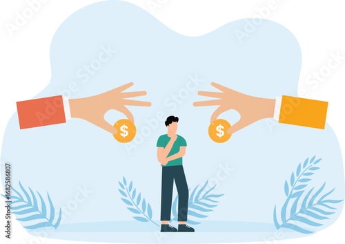 Man chooses between an offered dollar and bitcoin. Cryptocurrency and traditional money. Businessman making decision and Difficult choice,
