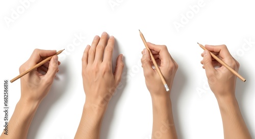 hands holding pencils creative process white background