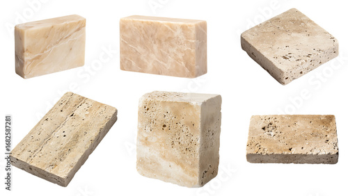 Six light beige travertine blocks are displayed on transparent background, showcasing varying textures and dimensions