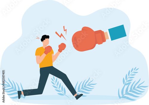 Businessman boxing with big hand of unfair competition. Man in boxing gloves fighting and Confrontation between employee and boss or manager.
