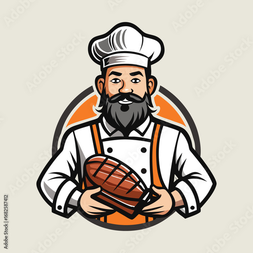 American BBQ chef vector logo with smoked brisket outline, grilling master icon design for barbecue restaurant, smokehouse branding template