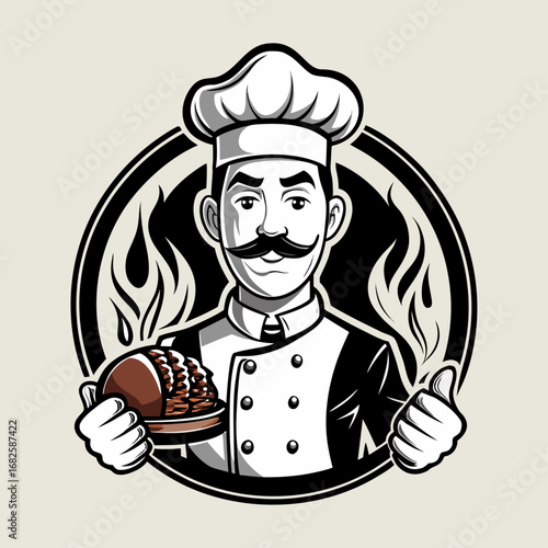 American BBQ chef vector logo with smoked brisket outline, grilling master icon design for barbecue restaurant, smokehouse branding template