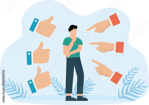 People pointing fingers at sad man. Condemnation by society and surrounded crying people in stress concept
