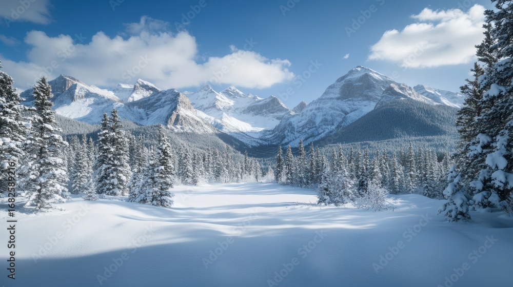 Obraz premium Snowy alpine valley with mountain range view 