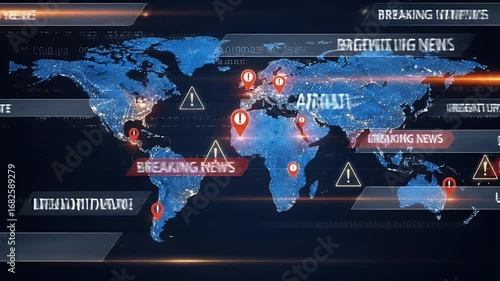 Breaking News World Map with Urgent Update Alerts and Data Visualization in Digital Technology Background