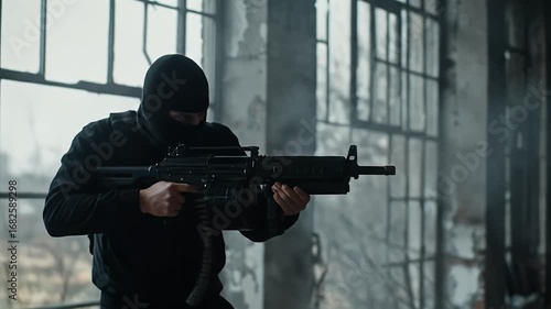 Realistic Video of Masked Figure Firing Weapon in Dark Interior