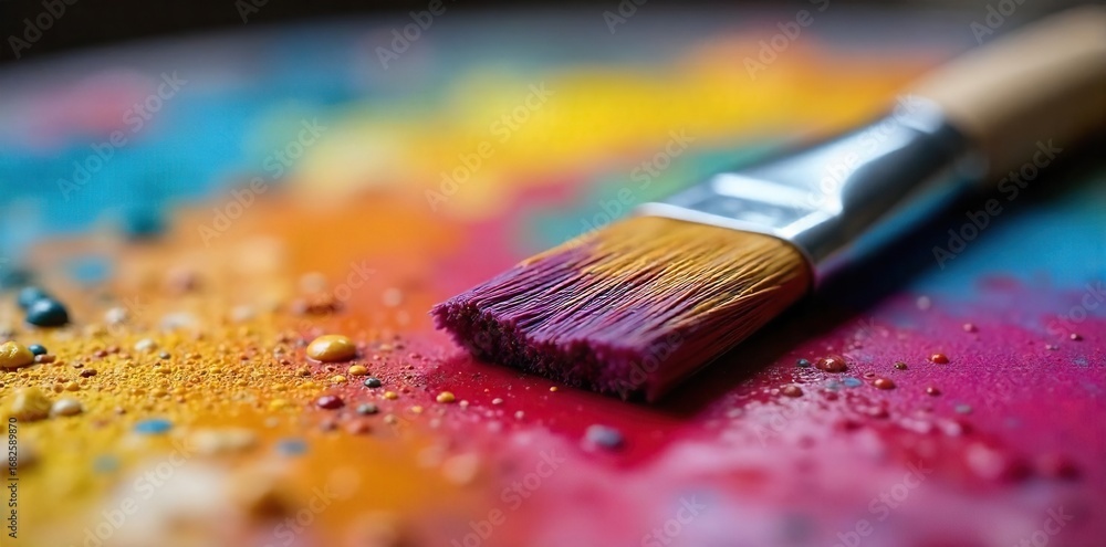 Fototapeta premium Close-up of a paintbrush resting on a painter's palette, bristles coated in vibrant oil paints Ready for the next stroke of artistic creation A colorful still life , creative, painting tools