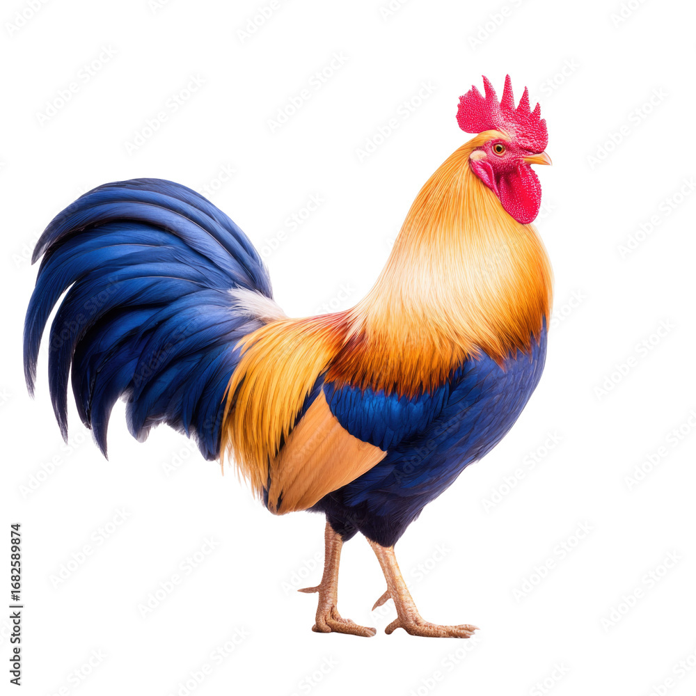 Fototapeta premium Colorful and Majestic Rooster Standing Proudly Against a White Background with Bright Feathers