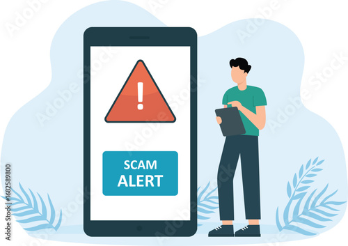 Scam alert and cell phone message. Huge smartphone screen  persistent calls or software hacking. Network protection and hackers attack concept
