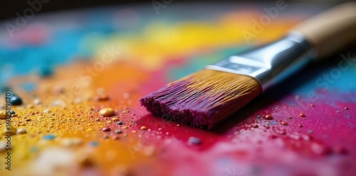Close-up of a paintbrush resting on a painter's palette, bristles coated in vibrant oil paints Ready for the next stroke of artistic creation A colorful still life , creative, painting tools