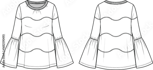 Bell sleeve tiered blouse flat sketch, round neck fashion top CAD drawing, stylish women's garment technical vector illustration