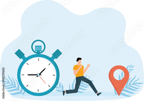 Man running through town and late for meeting. Modern carrying stressed and Huge watch and speed run concept
