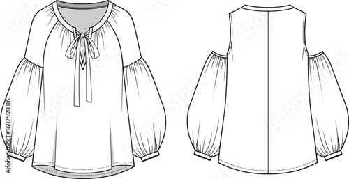 Cold shoulder blouse flat sketch with tie neck, balloon sleeve fashion top, women’s CAD garment vector technical illustration