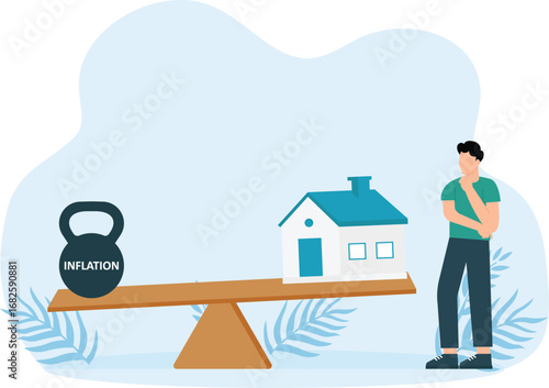 Rising home prices and real estate inflation. Residential building and weight on scale and Mortgage loans in economic crisis with rising price.

