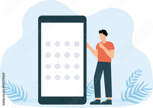 Men protect information on smartphones with passwords and codes. Fingerprint and face ID and digital and graphic sign. Verification and authentication concept

