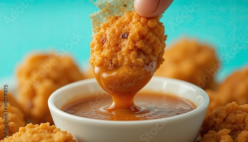 Crispy Textured Nugget Dripping with Glossy Sauce Against a Bold Teal Backdrop