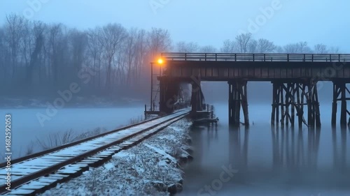 Wallpaper Mural Ethereal Winter Landscape: A Snowy Railway Bridge Over Calm Waters in Foggy Environment Torontodigital.ca