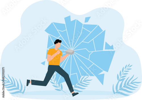 People destroying walls and Employees and businessmen overcome obstacles and persons break barriers and glass and concrete and bricks concept
