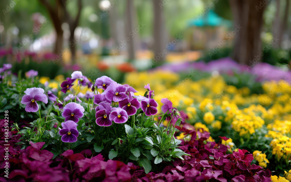 Obraz premium Spring sale background with vibrant purple pansies and yellow flowers blooming in lush garden, creating cheerful and colorful outdoor scene perfect for seasonal promotions