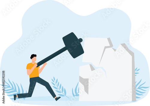 People destroying walls and Employees and businessmen overcome obstacles and persons break barriers and glass and concrete and bricks concept
