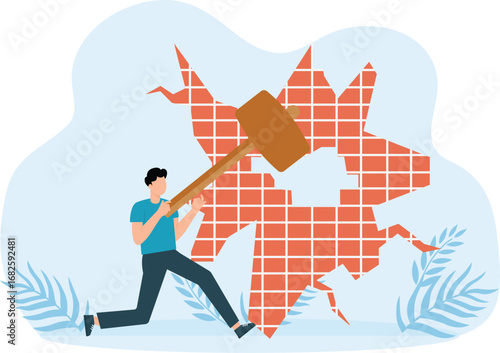 People destroying walls and Employees and businessmen overcome obstacles and persons break barriers and glass and concrete and bricks concept
