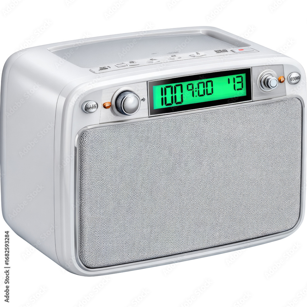 Fototapeta premium Modern digital clock radio with clear display, adjustable volume, and sleek design for any bedroom or living space