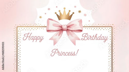 Birthday card for a girl with a watercolor illustration featuring a pink bow and a golden crown with the inscription “Happy Birthday Princess” and a frame on a pink background with space for text. 