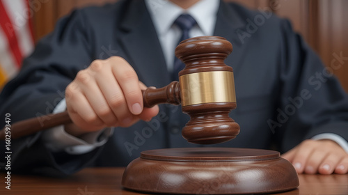 judge holds givel wood tapped on the wooden base to read verdict for victims and defendants to know the verdict obtained from the evidence and the lawyer's defense of the case. court decision concept