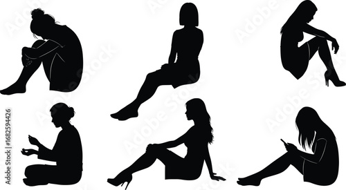 Silhouette vector of women sitting in various poses and moods