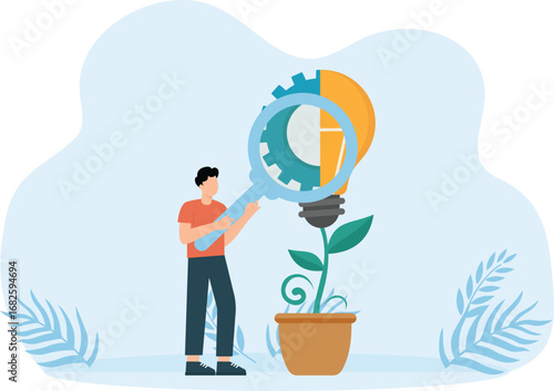 Adobe Illustrator Creativity and analysis and Research of inventions and collaboration. Man with gear and light bulb, Work in process idea and implementation concept
