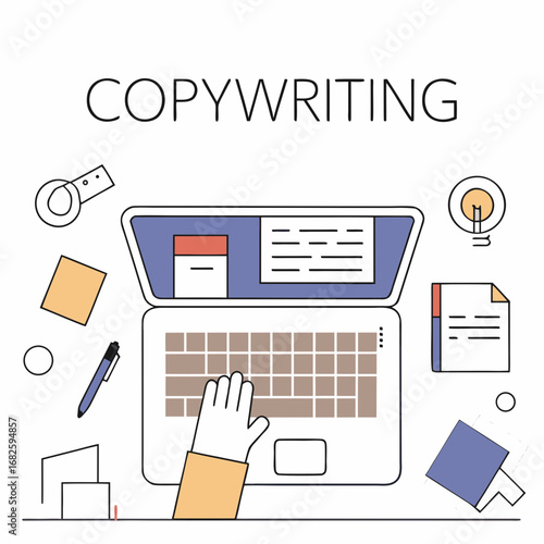Copywriter Concept – Writing and Designing Texts, Creative Content, Promotion, and Information Research Flat Vector Illustration
