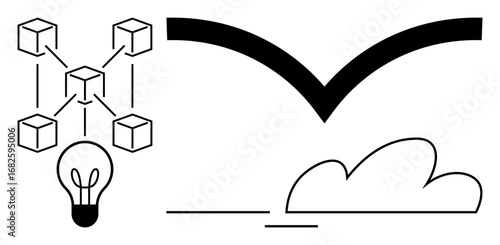 Lightbulb and network showing innovation and connection, bird symbolizes freedom, cloud conveys simplicity and technology. Ideal for creativity, technology, freedom, innovation, future, networking