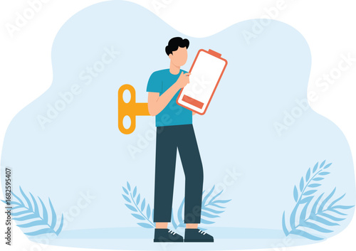Burnout and Overwork man feeling exhausted with low battery, tired sad person standing and unhappy stressed businessman or student. Professional burnout syndrome concept
