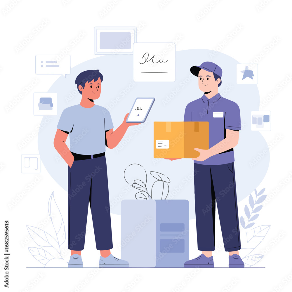 Obraz premium Delivery man giving a package to a man with digital signature on tablet