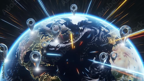 Breaking News Visual Of Earth Globe With Location Pins And Glowing Lines Against Black Background