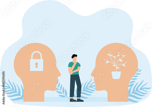 Choice between creative and conservative thinking. Personal psychological thinking and fixed vs growth mindset, Self and professional growth concept
