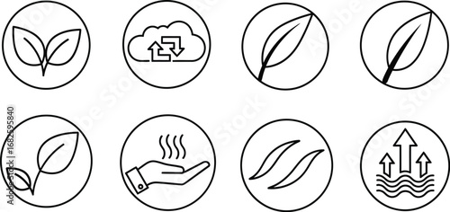 Set of organic icons nature leaf cloud download upload hand heat