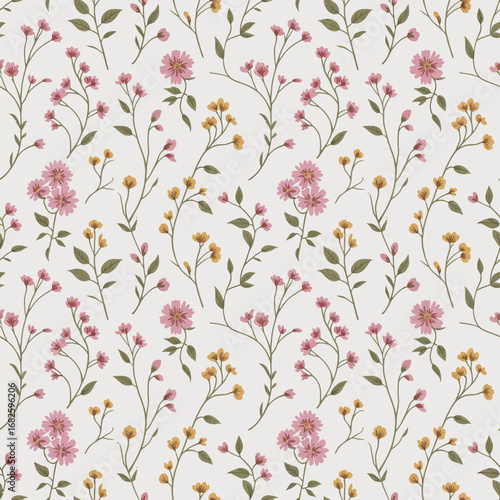 Delicate floral pattern with pink and yellow blooms